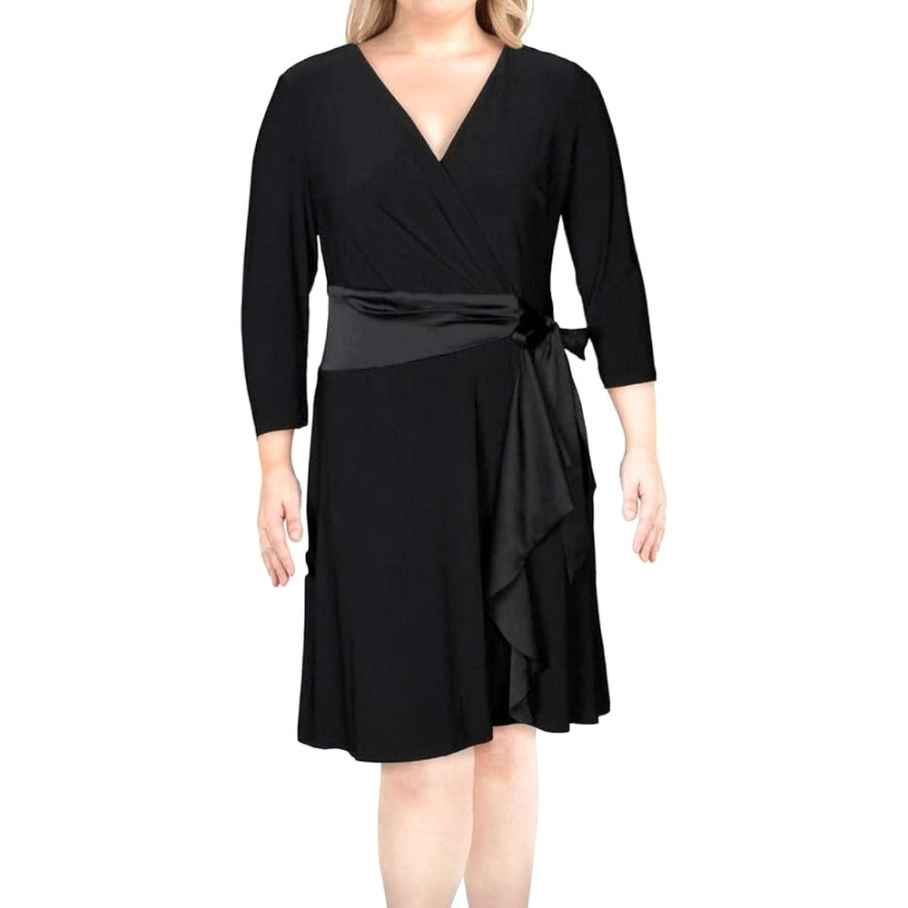 Lauren Ralph Lauren Women's Black V Neck Satin Wrap Belted Dress Size 14